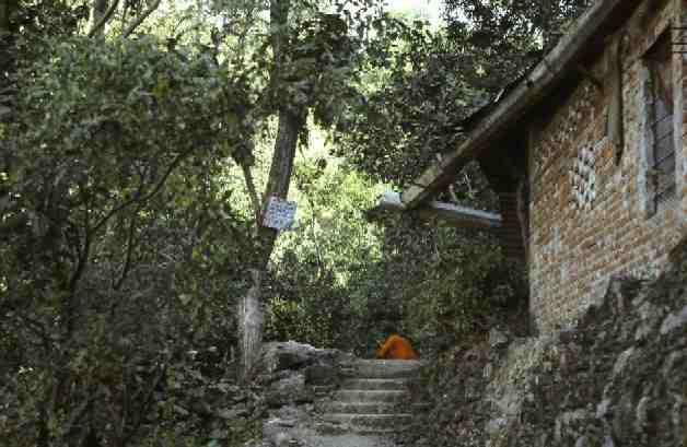 Sri Swami Shankardasji does dish washing chores at top of stairs at the Tat Wale Baba Ashram.